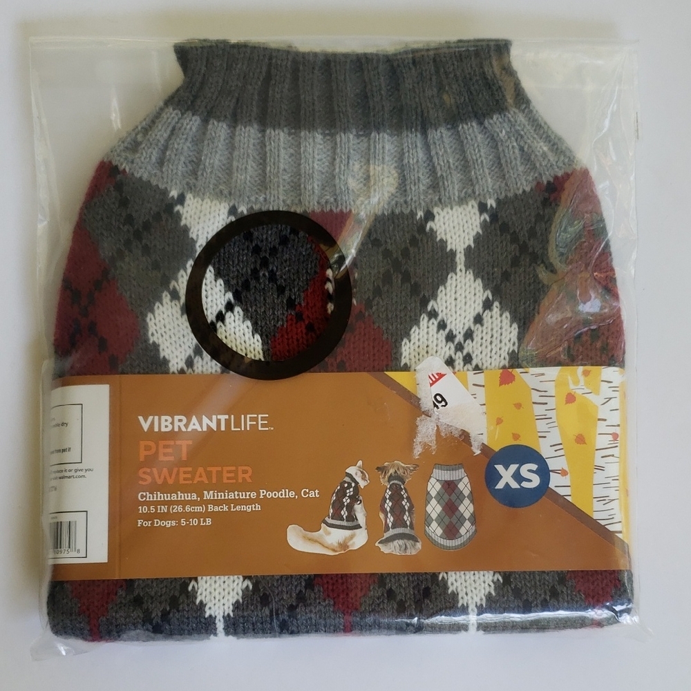 Vibrant Life Argyle Pet Sweater - Gray and Red